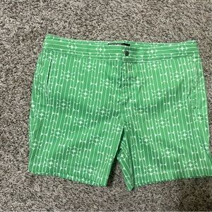 Green and White Striped Swim Trunks Mid-Length